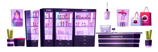 메이크업, 스킨케어용 제품이 있는 화장품 가게 - cosmetics retail shopping checkout counter stock illustrations