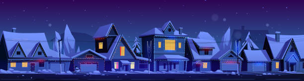 ilustrações de stock, clip art, desenhos animados e ícones de residential houses with christmas decoration - window snow christmas decoration