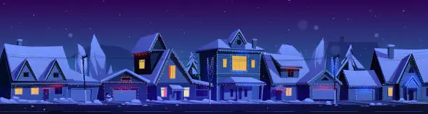 Vector illustration of Residential houses with christmas decoration