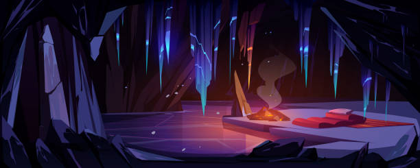 ilustrações, clipart, desenhos animados e ícones de caverna de gelo na montanha com fogueira, saco de dormir, - stalactite