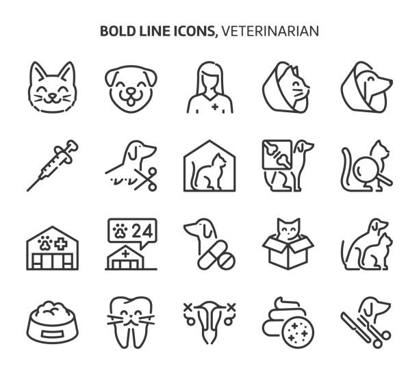 stockillustraties, clipart, cartoons en iconen met veterinerian, gewaagde lijnpictogrammen - huisdier