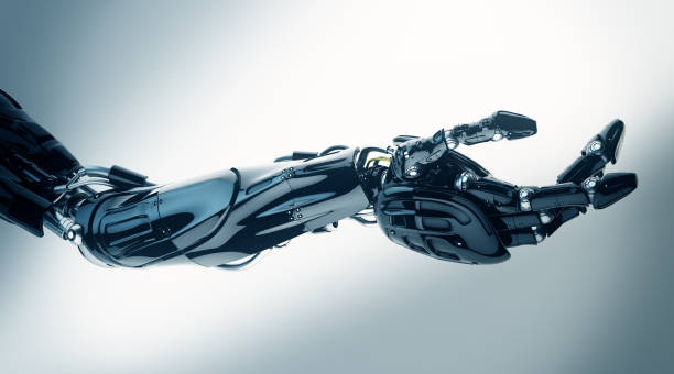 technologie future dans la main prothétique noire sur le blanc. 3ds max rendu. innovation futuriste - bras artificiel - robot photos et images de collection