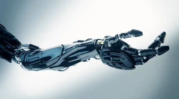 Photo of Future technology in black prosthetic hand on white. 3ds max render. Futuristic innovation - artificial arm