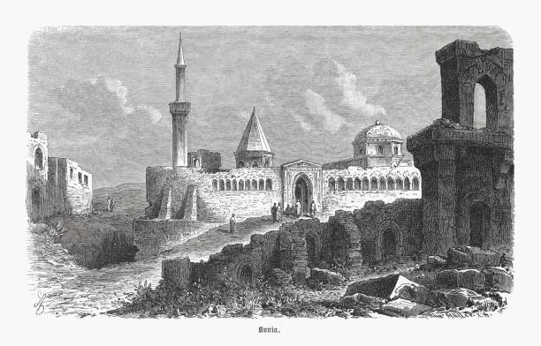 widok historyczny konya, anatolia, turcja, grawerowanie drewna, opublikowana w 1893 roku - seljuk stock illustrations