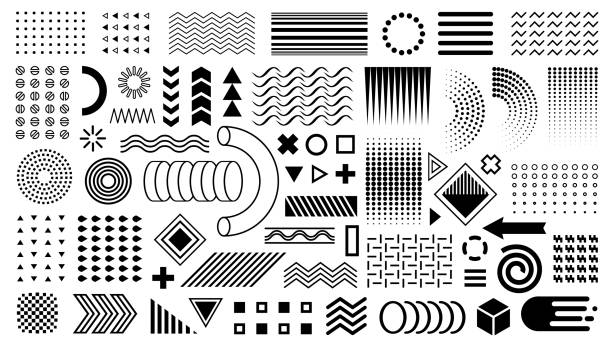 Geometric shapes, design elements. Geometric shapes, design elements. Flat shapes black layout. Zigzags, waves, circles, points. For cover design overlay, busyness card, brochure, banner, flyer. fashion icons stock illustrations