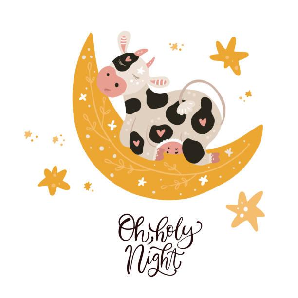 Chrismas cow vector card. Christmas cute cartoon cow. Vector poster with hand drawn lettering - Oh holy night. Animal sleeping on the moon. Greeting card and apparel print on white. New Year 2021. sleeping cow stock illustrations
