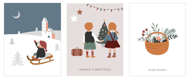Vintage style cute Scandinavian winter kids greeting cards collection. Children and babies wearing fashion bohemian clothes. Retro style vector illustrations. Fashion concept Vintage style cute Scandinavian winter kids greeting cards collection. Children and babies wearing fashion bohemian clothes. Retro style vector illustrations set. Fashion concept winter fashion collection stock illustrations