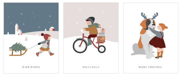 Vintage style cute Scandinavian winter kids greeting cards collection. Children and babies wearing fashion bohemian clothes. Retro style vector illustrations. Fashion concept Vintage style cute Scandinavian winter kids greeting cards collection. Children and babies wearing fashion bohemian clothes. Retro style vector illustrations set. Fashion concept winter fashion collection stock illustrations