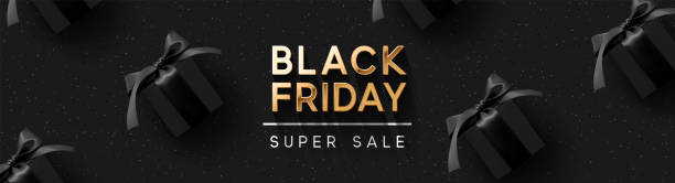 istock Black Friday Super Sale. Realistic black gifts boxes. Pattern with gift box. Dark background golden text lettering. Horizontal banner, poster, header website. vector illustration 1278641571