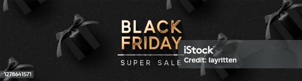 黑色星期五超級銷售逼真的黑色禮品盒帶禮品盒的圖案深色背景金色文字字母水平橫幅海報標題網站向量插圖向量圖形及更多黑色星期五 - 購物活動圖片
