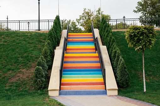 Stairs painted in different colors surrounded by greenery in a park.