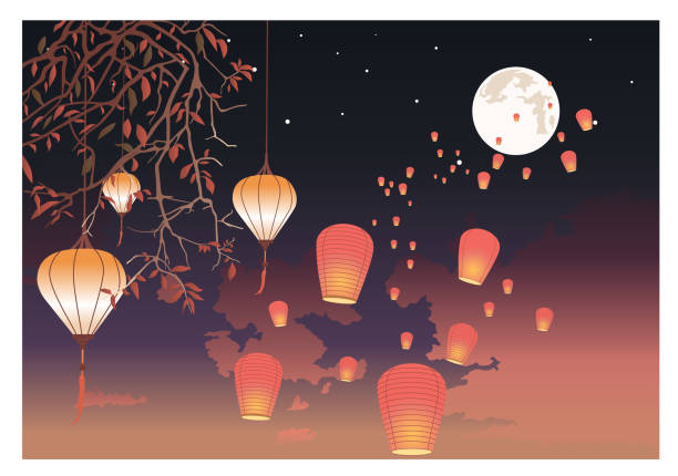 화염이 있는 종이 등불이 밤하늘로 날아갑니다. 색상 벡터 그림 - china balloon stock illustrations