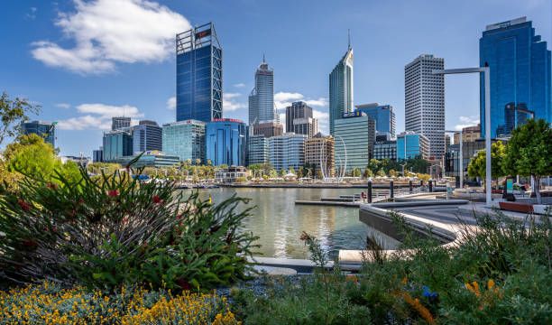 Colourful view of Elizabeth Quay and The Central Business District in Perth, Australia stock photo