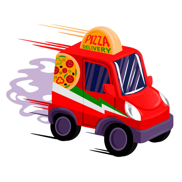 bildbanksillustrationer, clip art samt tecknat material och ikoner med tecknad färg snabb pizza leverans bil. vektor - illustrationer med truck