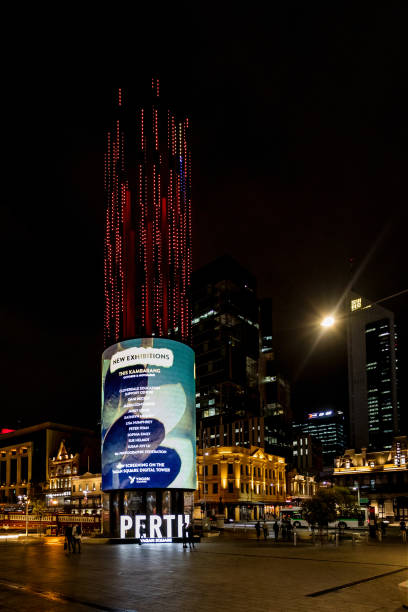 Digital media wrap around display at night in Yagan Square, Perth, Australia stock photo