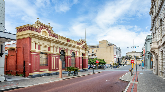 Georgian and Victorian style architecture buildings and the historic Round House, High Street, Freemantle, Australia on 23 October 2019