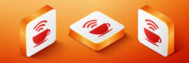 ilustraciones, imágenes clip art, dibujos animados e iconos de stock de taza isométrica de cafetería con icono de zona wifi gratis aislado sobre fondo naranja. cartel de conexión a internet. botón cuadrado naranja. vector - isometric people cafe coffee shop