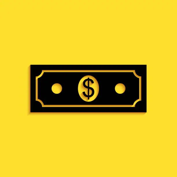 Vector illustration of Black Paper money american dollars cash icon isolated on yellow background. Dollar banknote sign. Long shadow style. Vector