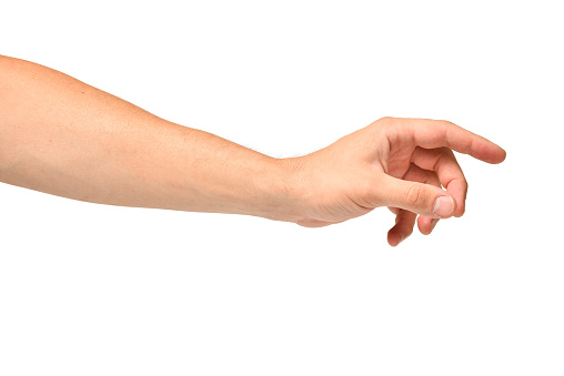 Man hand stretches out to take, arm body part of people isolated on white background.