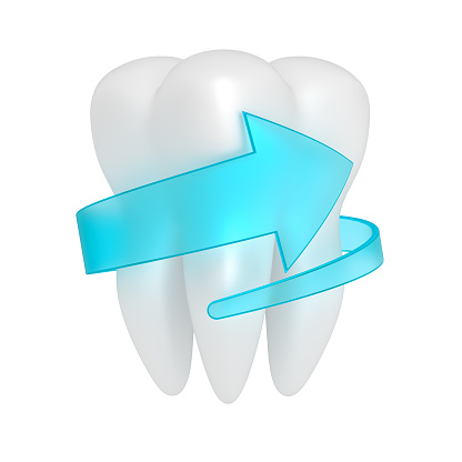 White human tooth with blue arrow. Care and whitening icon. Teeth cleanliness and  protection concept. 3d render isolated on the white background. Clipping path included.