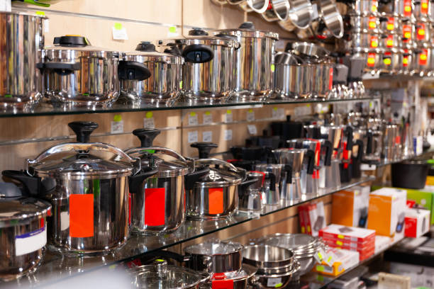 istock Stainless steel pots at store 1278657115