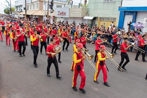 Santarem/Para/Brazil - Sep 07, 2019: Para State Fire Department band parading during Independence Day Parade.