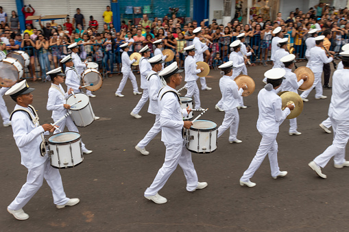 Santarem/Para/Brazil - Sep 07, 2019: Band of Port Authority of the Brazilian Navy, on the march in the Independence Day parade.