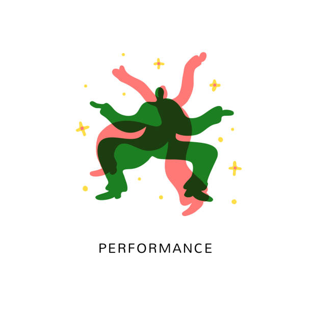 Performance vector illustration. Abstract performers are dancing and making show. Performance vector concept . Abstract performers danсing, Colorful people illustration dance logo stock illustrations