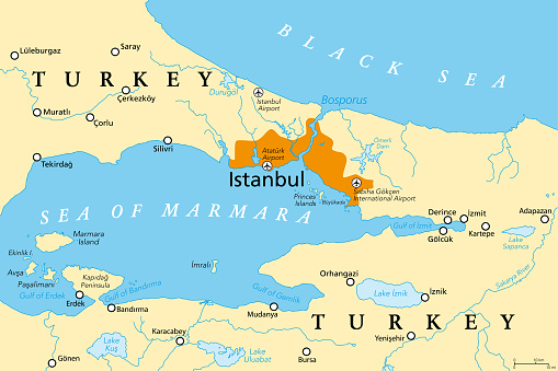 The Bosporus or Bosphorus, Strait of Istanbul, political map