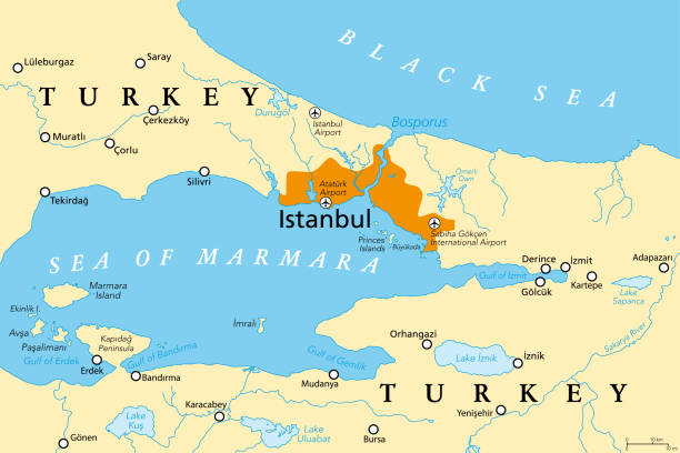 The Bosporus or Bosphorus, Strait of Istanbul, political map The Bosporus or Bosphorus, political map. The Strait of Istanbul, a narrow, natural strait and international waterway in Turkey. It connects the Black Sea with the Sea of Marmara. Illustration. Vector bogaz stock illustrations