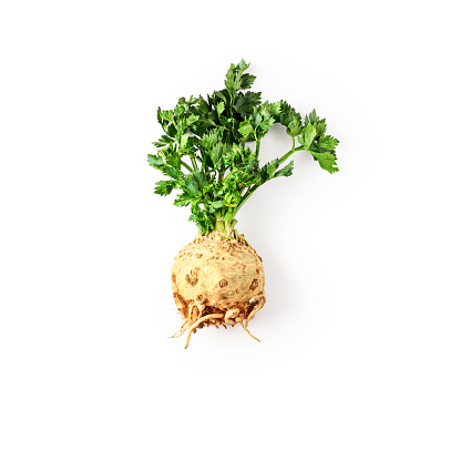 Fresh celery root with leaves isolated on white background with clipping path. Healthy eating and dieting food concept. Design element, top view, flat lay
