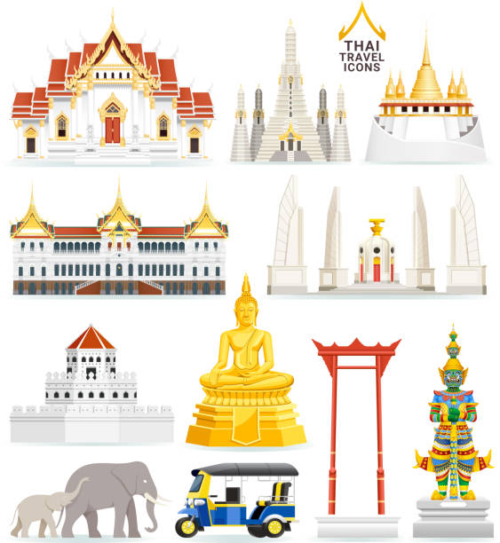 thai berühmten wahrzeichen ikonen. vektor-illustrationen. - wat stock-grafiken, -clipart, -cartoons und -symbole