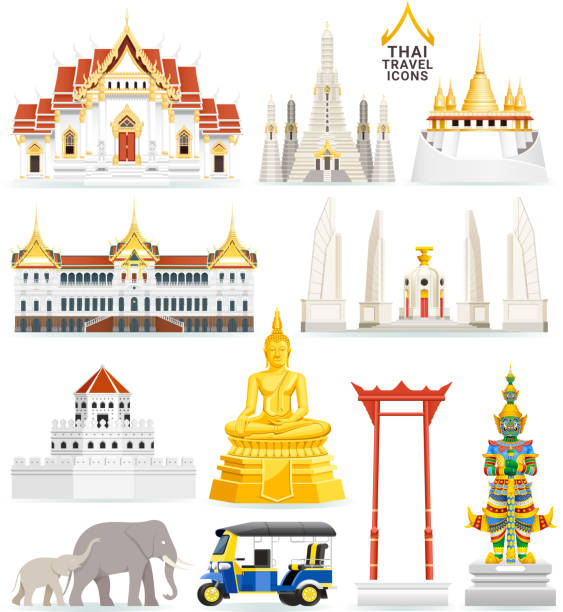 태국의 유명한 랜드 마크 아이콘. 벡터 그림입니다. - thailand thai culture travel buddha stock illustrations