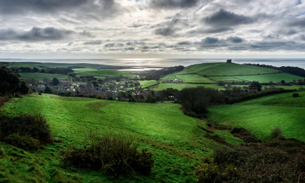 Landscape view of Abbotsbury and Chesil Beach in Dorset stock photo