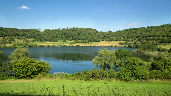 Panoramic image of the landscape of Vulkaneifel with Maare lakes close to Schalkenmehren, Germany