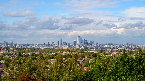 View from Dawson's Hill in South London suburb of East Dulwich to central financial district of the United Kingdom capital city