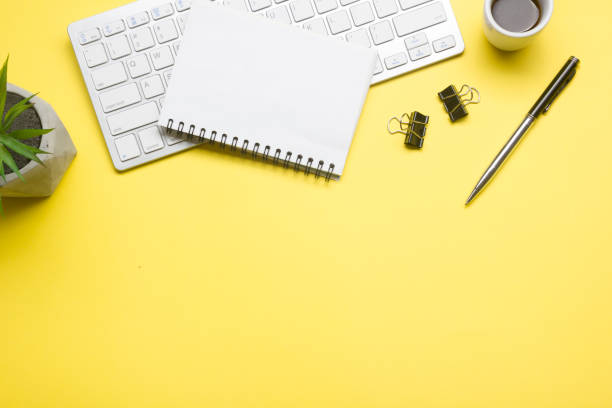 istock Office desk table with supplies. Flat lay Business workplace and objects. Top view. Copy space for text 1278664487