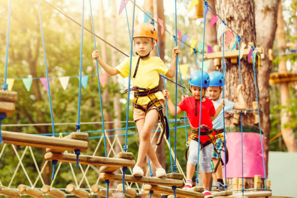 istock Active children's recreation. Climbing the rope park 1278665934
