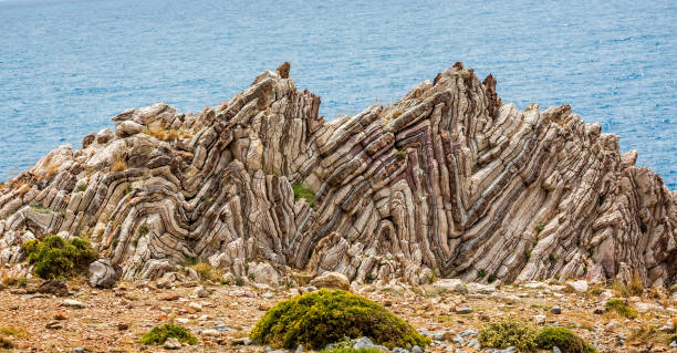 Extreme geological folds , anticlines and synclines, in Crete, Greece stock photo
