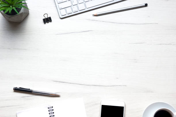 istock Office desk table with supplies. Flat lay Business workplace and objects. Top view. Copy space for text 1278668711