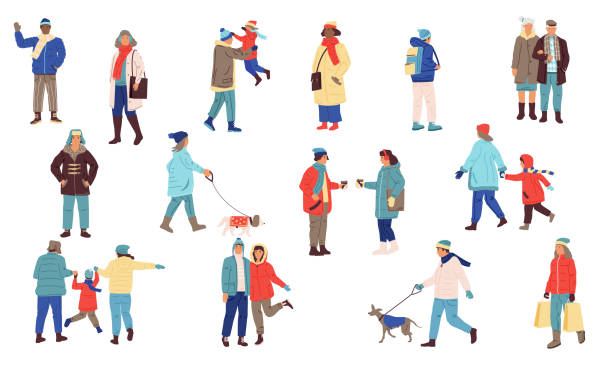 ilustrações de stock, clip art, desenhos animados e ícones de winter people. men and women in winter clothes. young and old human walking outdoor, city lifestyle isolated elements. cold season holidays activities with children and dogs vector set - group of people teenager snow winter