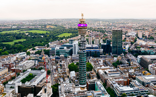 United Kingdom - August 8 2019: Aerial Shot of he BT Tower, a prominent London building & HQ of British multinational telecommunications company