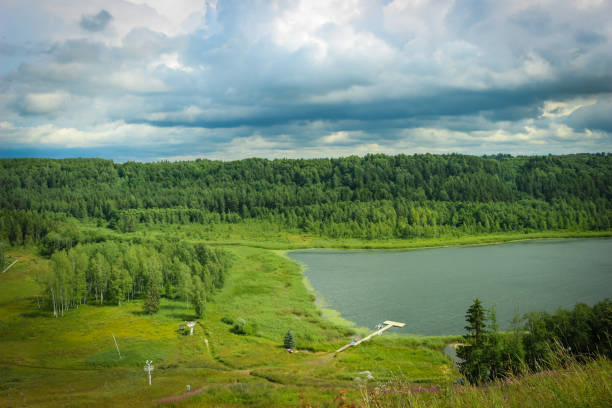 Lithuania city Druskininkai. River Neman and forest view from above.