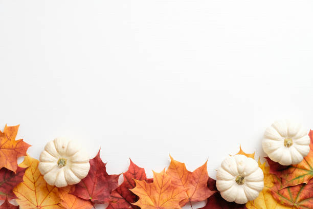 istock Autumn composition. Frame made of fallen leaves and pumpkins on white background. Flat lay, top view. Hygge style, autumn fall concept. 1278674090
