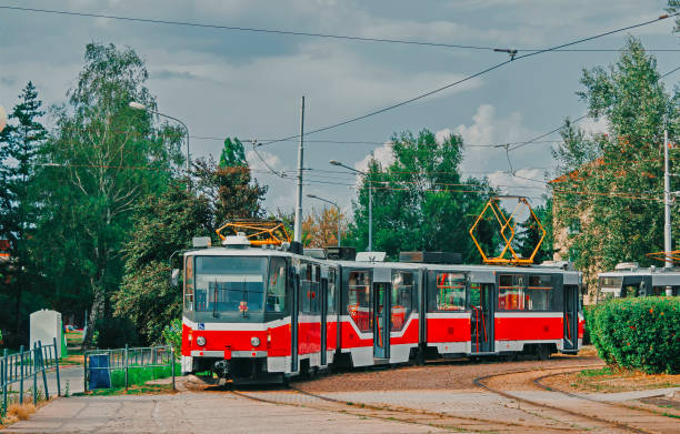 istock Tram station in Brno. A tram with a low floor middle section. 1278674311