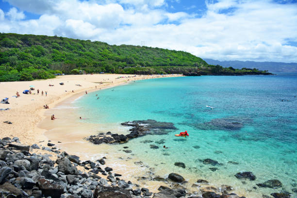 día de verano perfecto en waimea bay con agua tranquila y clara de color turquesa en oahu, hawái - oahu water sand beach fotografías e imágenes de stock