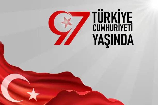 Vector illustration of Turkiye Cumhuriyeti 97 yasinda, Republic Day in Turkey. Translation: Republic of Turkey 97 years old. Vector illustration, poster, celebration card, graphic, post and story design.