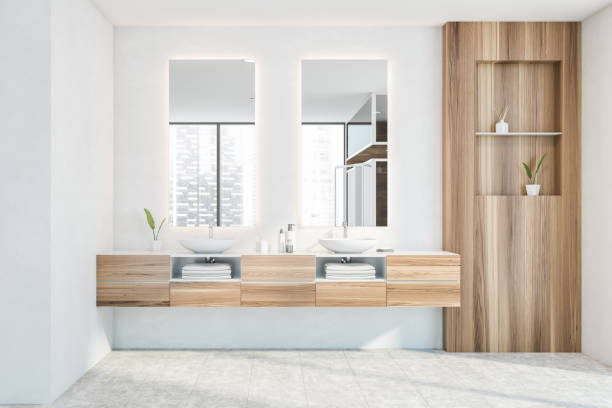istock White and wooden bathroom with double sink 1278688266