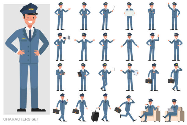 Set of Steward Man character vector design. Presentation in various action with emotions, running, standing and walking. Set of Steward Man character vector design. Presentation in various action with emotions, running, standing and walking. pilot stock illustrations