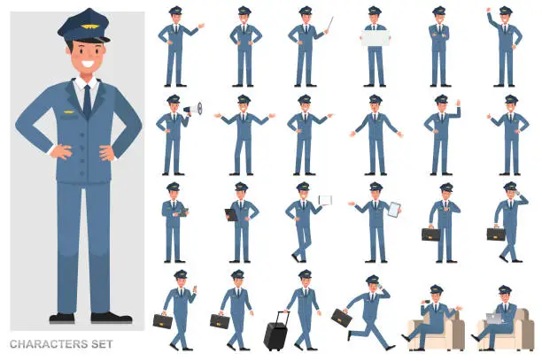 Vector illustration of Set of Steward Man character vector design. Presentation in various action with emotions, running, standing and walking.
